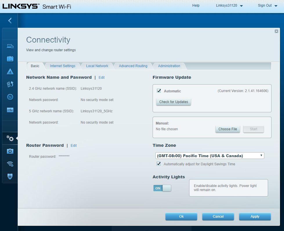 Linksys router Connectivity settings page