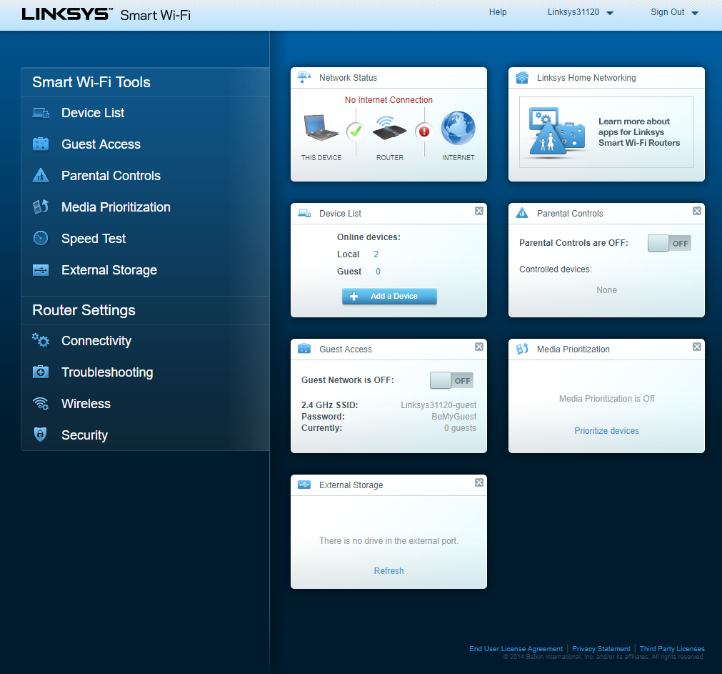 Linksys router home page