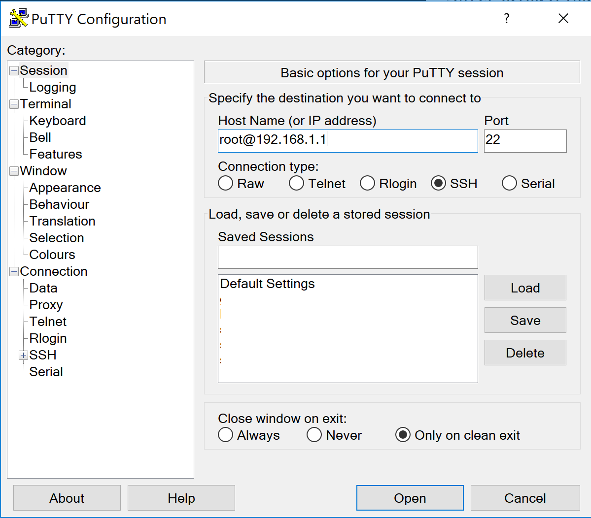 putty settings screen ready to connect to router