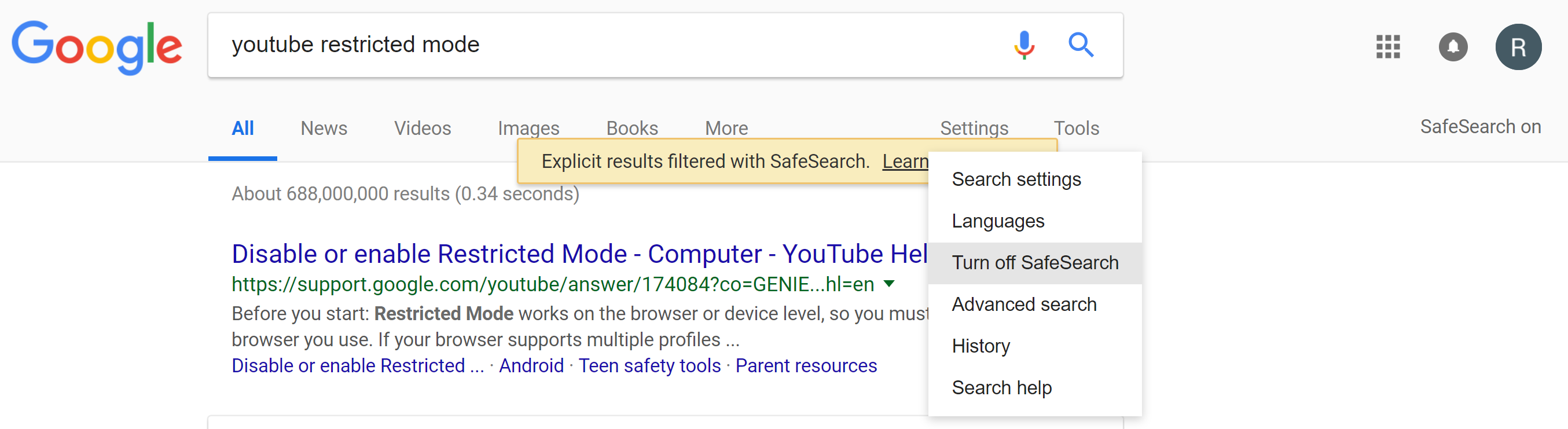 Screenshot of trying to disable Google SafeSearch